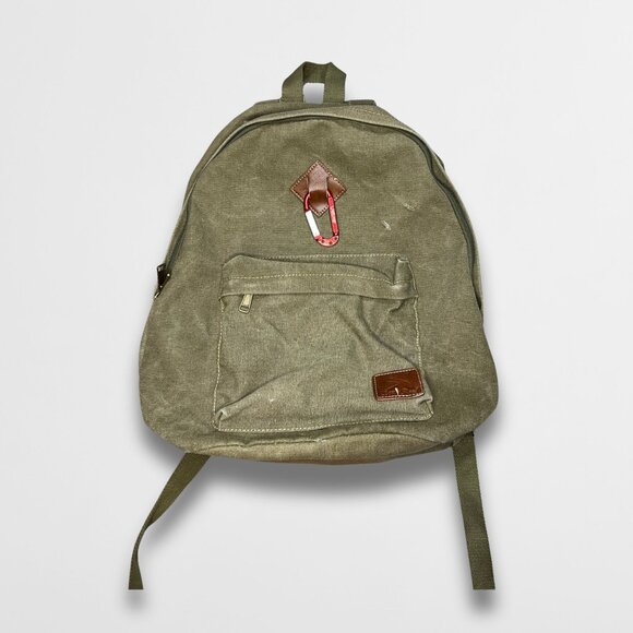 Olive Green Canvas Backpack With Front Pocket & Carabiner Clip - Picture 2 of 6